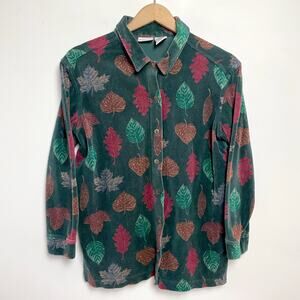 Vintage 90s Velour Button Up Shirt Small Leaves Forest Goblincore Earthy Granola